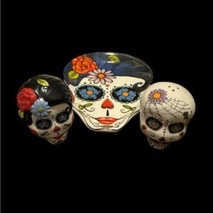 Cracker Barrel Exclusive Day of the Dead Stoneware Dish & Salt/Pepper Shakers. F